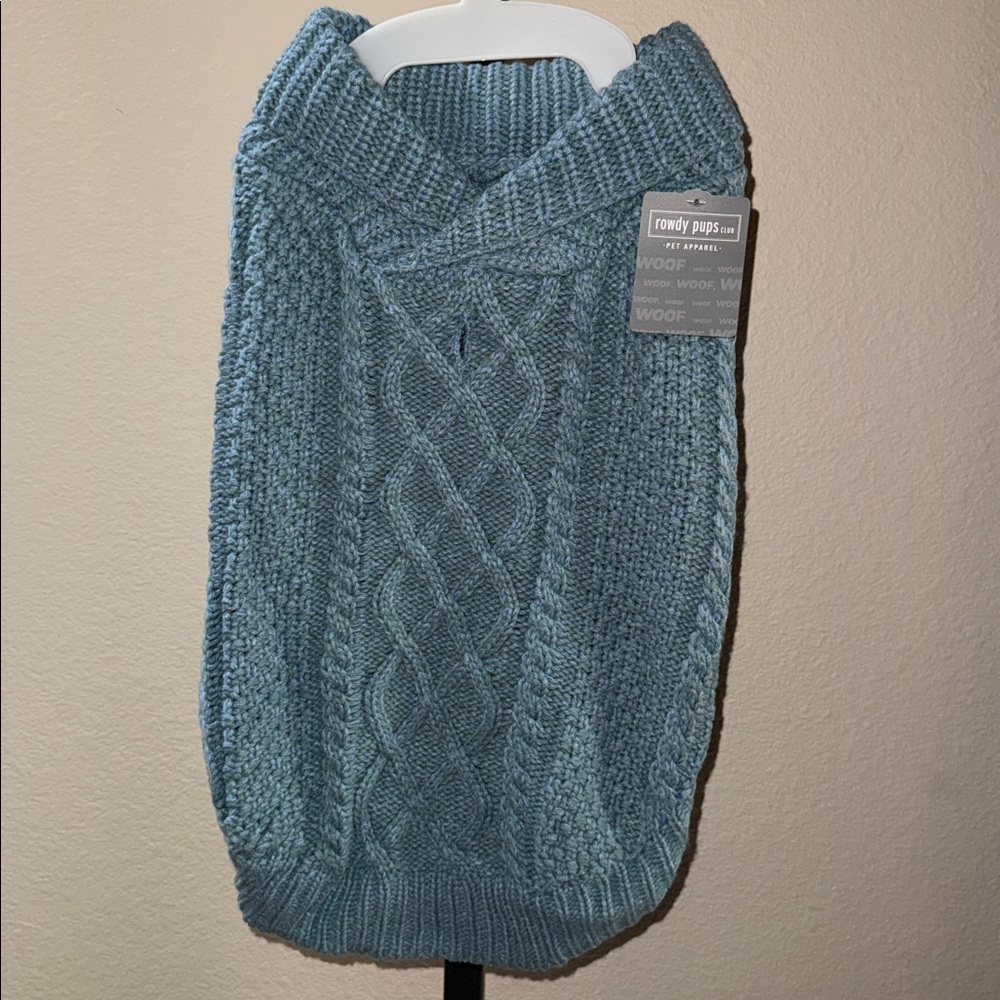 NWT Rowdy Pups Club Blue Green Dog Cable V-Neck Shawl Knit Sweater Size XL